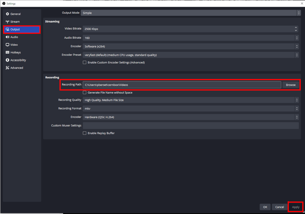 OBS settings output